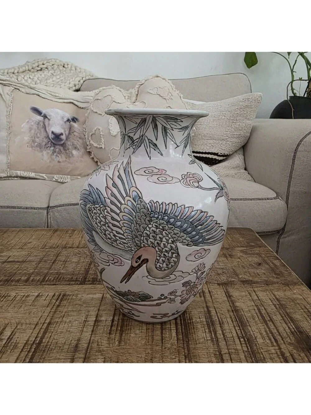 Vintage Chinese Chinoserie Vase Crane Bamboo Flowers 8.5